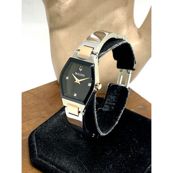 Bulova Womens Watch 98P216 Gemini Diamond Black Dial 2-Tone Quartz Petite 22.5mm - Picture 2 of 14